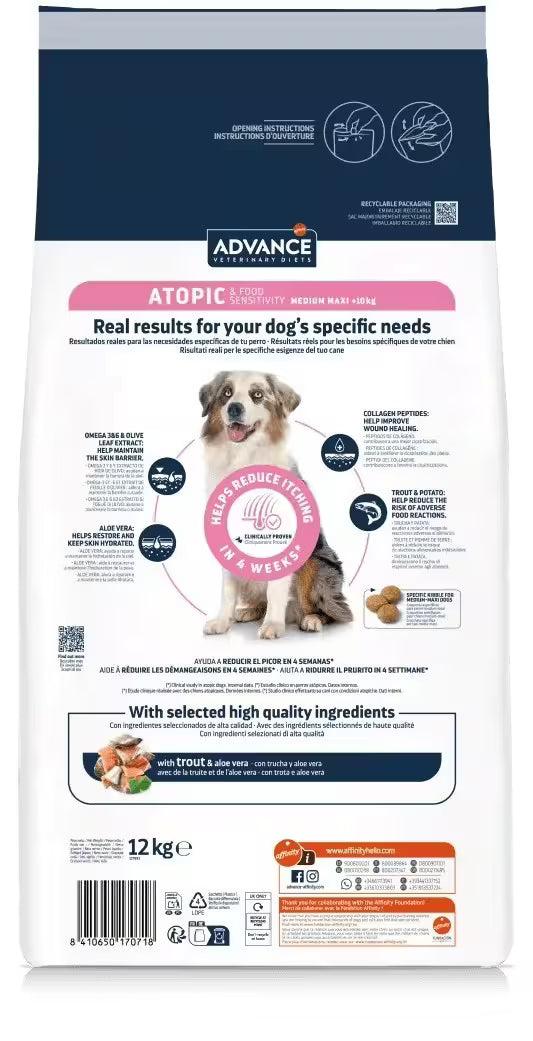 Ração Veterinária para Cão Advance Vet Dog Medium & Maxi Atopic & Food Sensitivity with Trout | 12 kg