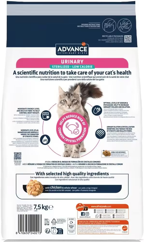 Alimento veterinario para gatos Advance Vet Cat, esterilizado en orina y bajo en calorías | 7,5 kg