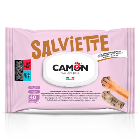Camon Toalhetes Húmidos Madeiras Brancas - Toallitas húmedas para perro y gato con fragancia a maderas blancas
