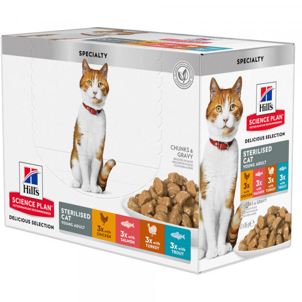 Hill's Sterilised Young Adult - Wet Cat Food for Sterilised Young Cats - Chicken, Salmon, Turkey & Trout Multipack | 12 x 85 g