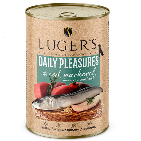 Luger's Daily Pleasures - Alimento Húmedo para perro adulto - Bacalao, arroz integral, caballa y tomate | 6 x 400 g