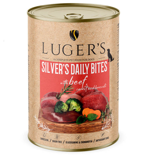 Luger's Silver's Daily Bites - Alimento húmido para cão sénior - Vaca, cenoura e brócolos | 6x400 g