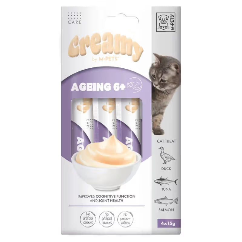 M-Pets Creamy Ageing 6+ Gato Senior Pato, Salmón y Atún - Snack para gato con soporte articular