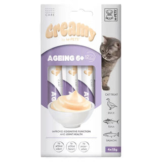 M-Pets Creamy Ageing 6+ Gato Senior Pato, Salmón y Atún - Snack para gato con soporte articular