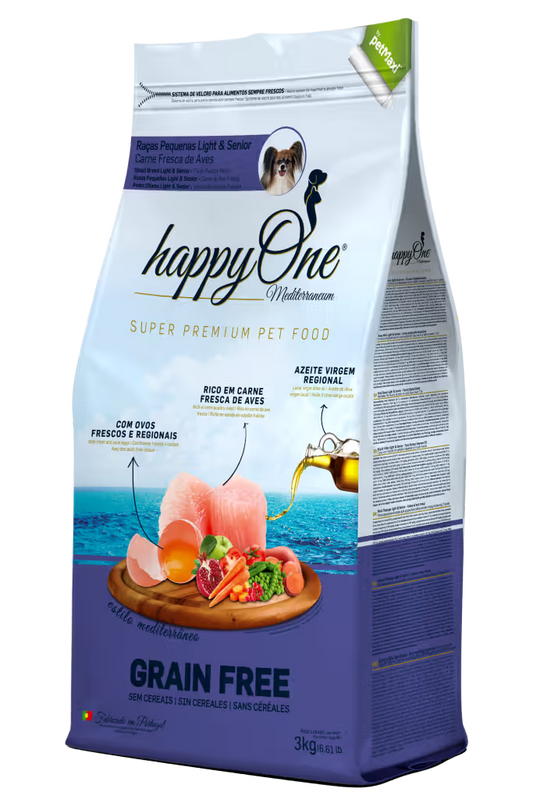 HappyOne Mediterraneum Cão Pequeno Sénior Light Aves Grain-Free - Ração seca para cão para controlo de peso