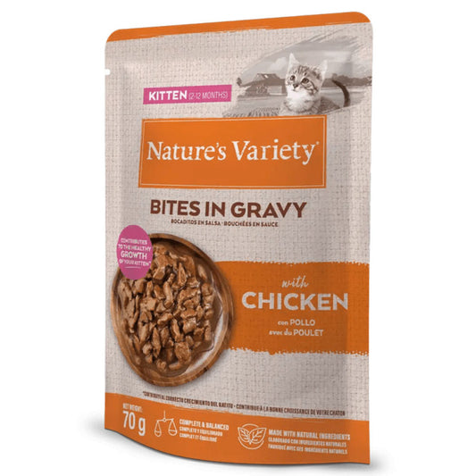Nature's Variety Bites in Gravy - Alimento húmido para gatinho - Frango | 12x70 g