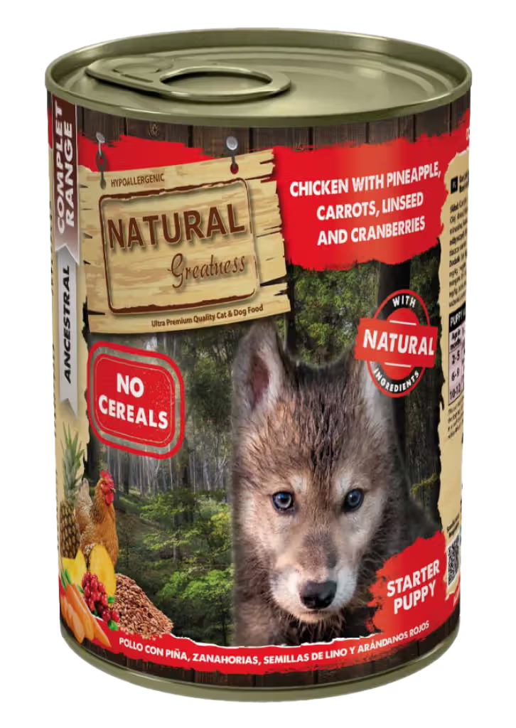 Natural Greatness Cão Cachorro Frango, Cenoura, Ananás, Linhaça e Arandos - Ração húmida para cão