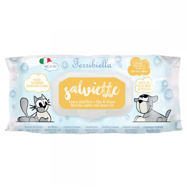 Ferribiella Toalhitas Salviette com Água Micelar e Óleo de Argão - Toallitas húmedas para perros y gatos para limpieza e hidratación