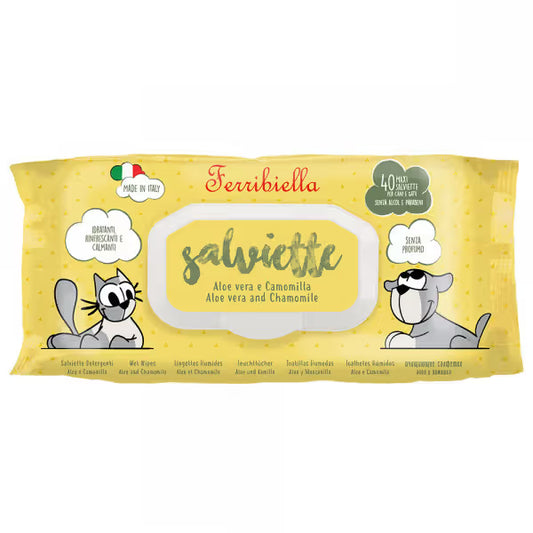 Ferribiella Toalhitas Salviette com Aloe vera e Camomila - Toalhitas húmidas para cães e gatos com Aloé Vera e Camomila