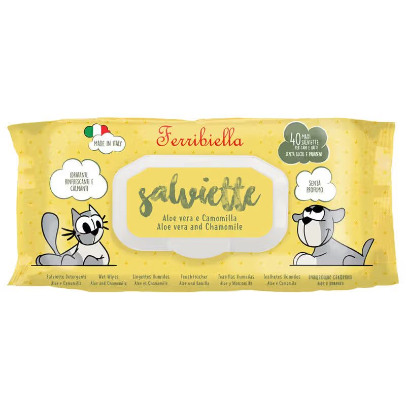 Ferribiella Toalhitas Salviette com Aloe vera e Camomila - Toalhitas húmidas para cães e gatos com Aloé Vera e Camomila