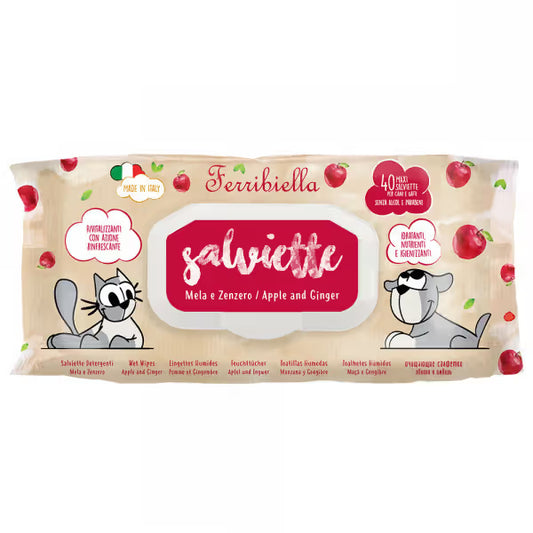 Ferribiella Toalhitas Salviette com Maçã e Gengibre - Toalhitas húmidas para cão e gato com maçã e gengibre