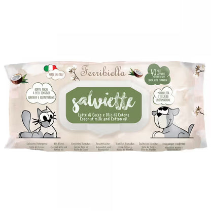 Ferribiella Toalhitas Salviette com leite de coco e óleo de algodão - Daily hygiene wipes for dogs and cats