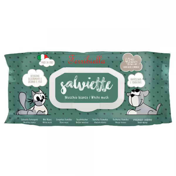 Ferribiella Toalhitas Salviette White Musk - Toalhitas húmidas para cães e gatos com almíscar branco